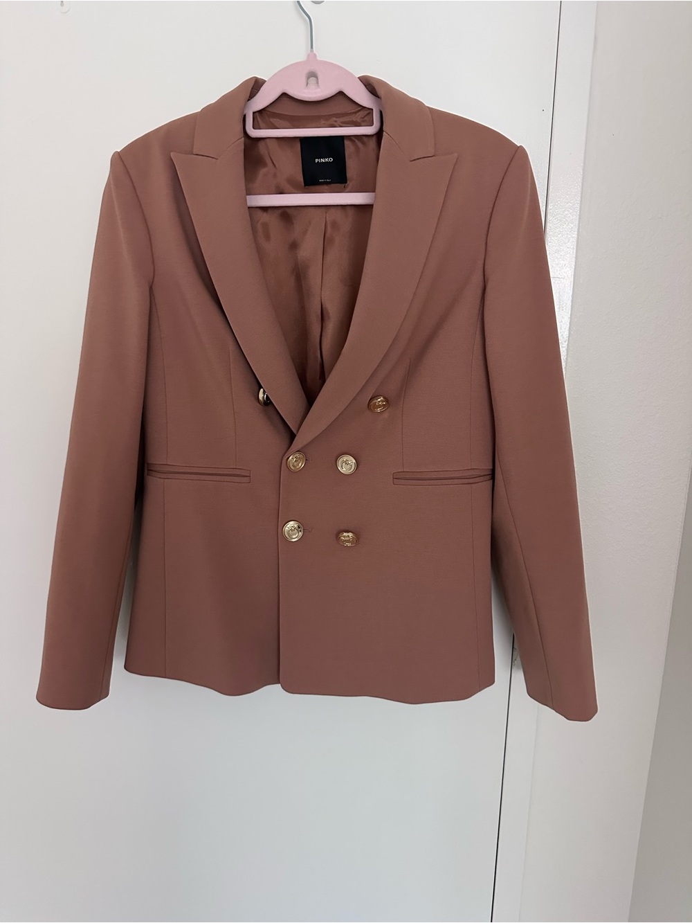 PINKO Alexia Double Breasted Blazer Camel Tan Gold Buttons Size 44